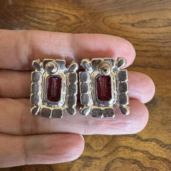 VTG Earrings Pink Glass Rhinestone Octagon Cut Stud Fashion Jewelry Art Deco‎ - Picture 2 of 5